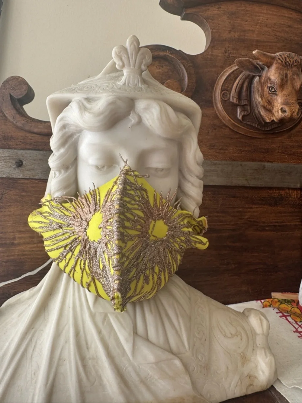 Designer Couture hand painted neon yellow mask with gold stars galaxy NEW